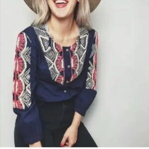 Anthropologie Hei Hei Embroidered Agonda Button Down Cotton Tunic Top Size 8